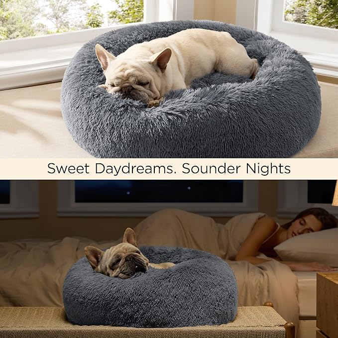 Bedsure Calming Dog Bed for Small Medium Dogs - Donut Washable Medium Pet Bed 27 inches Anti-Slip Round Fluffy Plush Faux Fur Cat Bed Dark Grey
