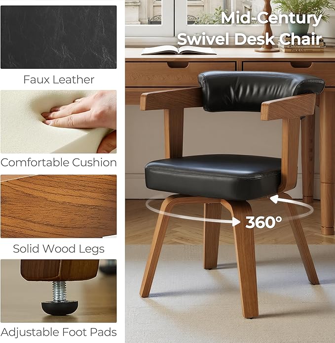 Art Leon Home Office Desk Chair - Mid Century Modern Chair Faux Leather Office Chair No Wheels Comfy Accent Arm Chair with Wood Legs for Small Spaces Living Room Bedroom Study Black/Walnut