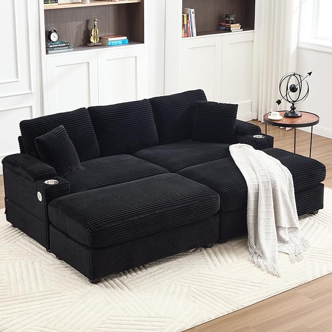 86.6 Sectional Sofa Couch with 2 Ottomans Comfy Corduroy Upholstered Cloud Modular Convertible Couch with Cup Holders and USB Armrest Storage Deep Seat Oversized Loveseat for Living Room (Black)