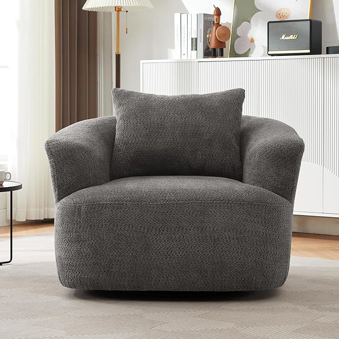 360° Swivel Chair 38.2 Accent Chair Sofa Boucle Fabric Upholstered Swivel Barrel Sofa Chair with a Throw Pillow for Living Room Bedroom Office Hotel (Grey-4.29)
