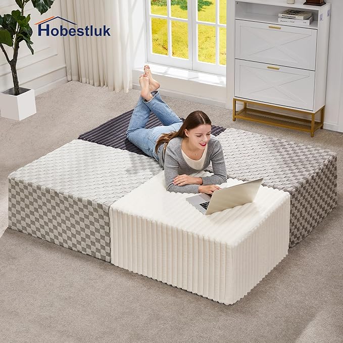 Hobestluk Rectangle Ottoman Memory Foam Footrest for Couch with Removable Cover Large Floor Seating for Adults Ottoman Coffee Table for Living Room Bedroom or Office (Strip Grey Footrest)