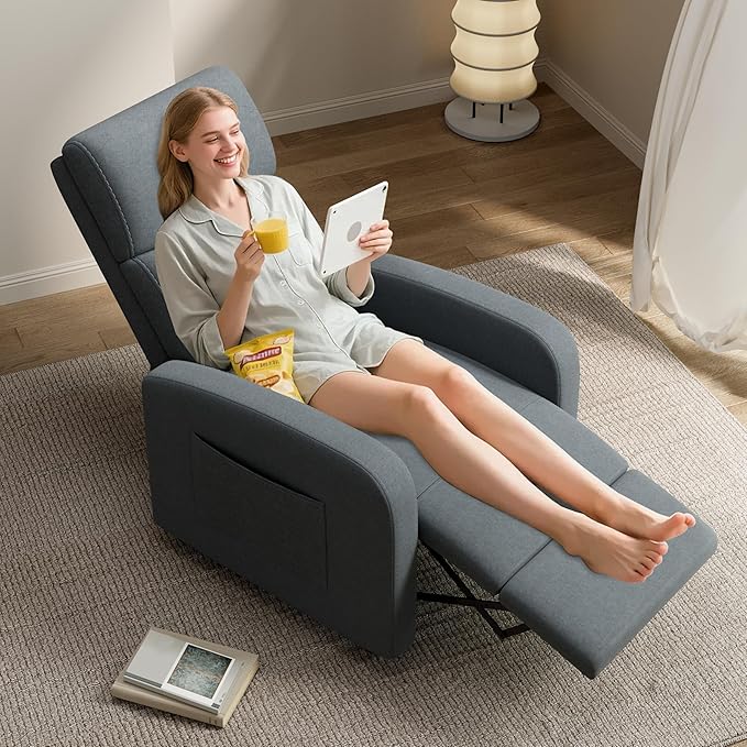 GarveeHome Linen Fabric Manual Recliner Chair with Side Pocket High Backrest Thick Cushion Adjustable Push Back ReclinerCozy Lounge Chair for Living Room Home Theater Bedroom Dark Gray