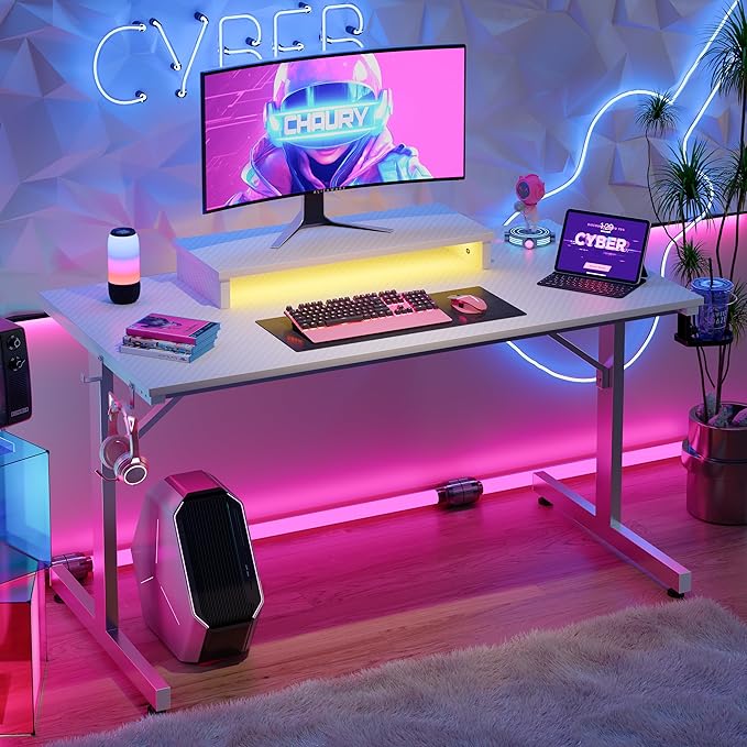 Bestier Gaming Desk with LED Lights &amp Monitor Stand 42 inch Small Computer Desk Gamer Workstation with Cup Holder &amp Headset Hooks Modern Simple Style Desk for Home Office Carbon Fiber White