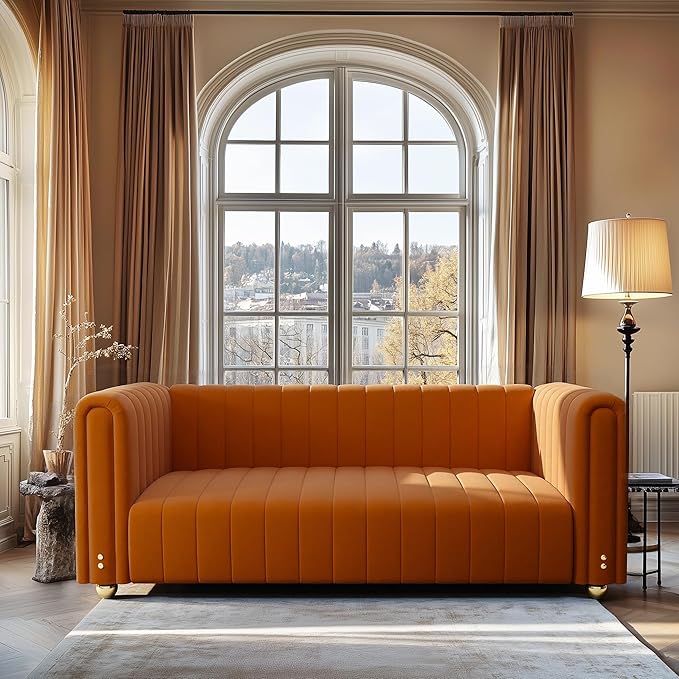 82 Deep Seat Sofa - Gold Leg Modern Couch with Serpentine Springs 750LBS Capacity &amp Fade-Resistant Fabric for Living Room (Emerald Green/Burnt Orange/Classic Black) (Orange 3S)