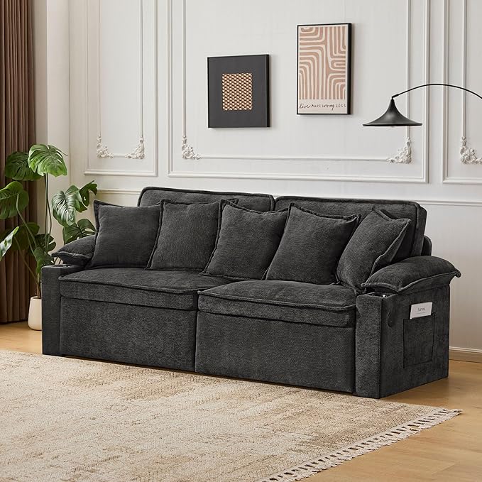 82.7’’ King Size Pull Out Sofa Bed 3 in 1 Convertible Sleeper Sofa Bed with Futon Sofa Black | USB Ports Chenille Loveseat Storage Pocket Pet-Friendly Pull Out Sofa Bed