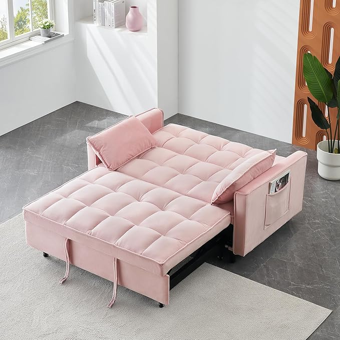 55 Modern Velvet Loveseat Sleeper Sofa 3-in-1 Convertible Pull-Out Bed with Adjustable Backrest 2 Pillows &amp Side Pockets Small Pull Out Couch for Living Room Apartment(Pink)
