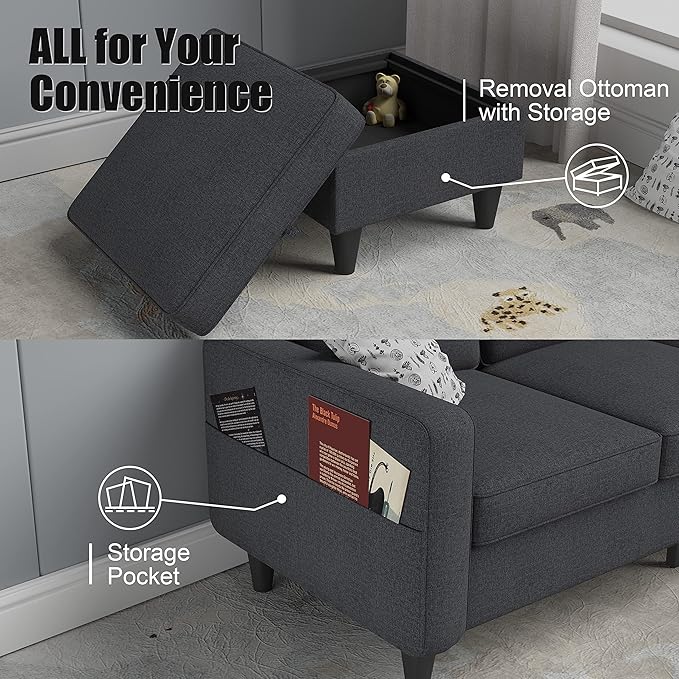 Dark Grey Convertible Sectional Sofa CouchModern Linen Fabric Upholstered L-Shaped Sofa Couch with Armrest Pockets3-Seat Sofa with Reversible Storage Ottoman for Living Room Small Space Apartment