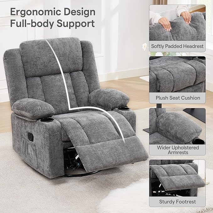 Swivel Rocker Recliner for Adults Manual Lazy Boy Recliner Chair with Cup Holders 360 Degree Rotating Nursery Rocking Chair Glider Recliner for Living Room (Grey)