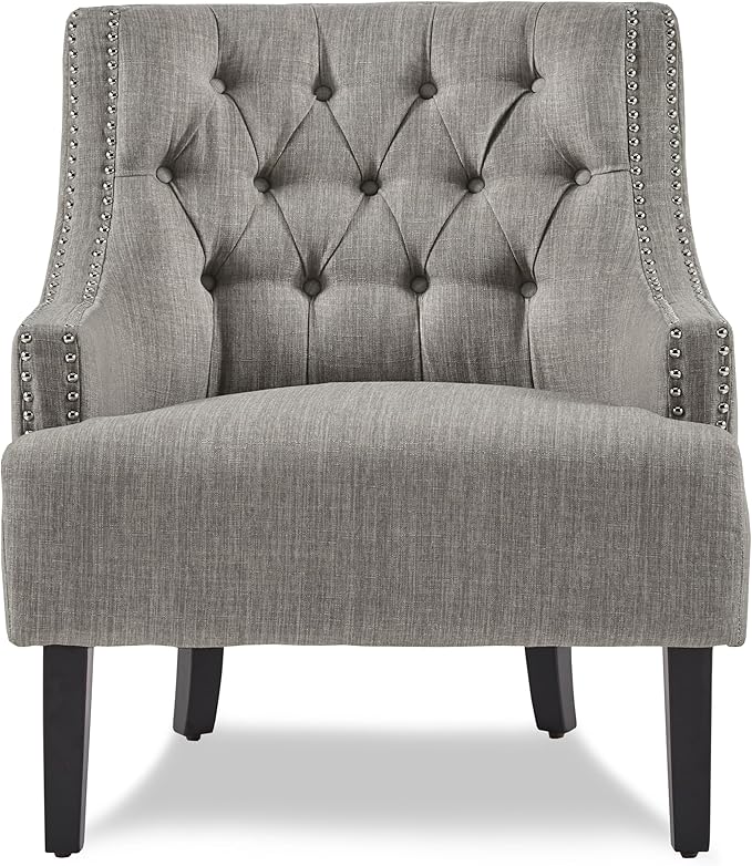 Modern Traditional Chair with Button Tufted Taupe Fabric Upholstery Solid Wood Design for Elegant Living Room