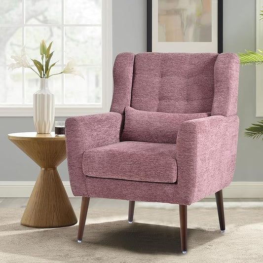 Modern Accent Chair Chenille Fabric Upholstered Tufted Side Chair Wingback ChairMid Century Reading Armchair with Waist Pillow Backrest for Living Room Bedroom (Dark Purple)