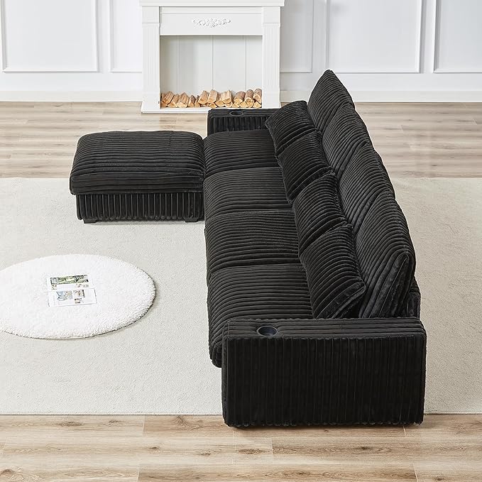 Yoglad 128'' L Shaped Modular Sectional Sofa Cozy Oversized Corduroy Couch with Cup Holders and Charging Port 4-Seater Sofa with Ottoman for Livingroom Apartment Office (Black)