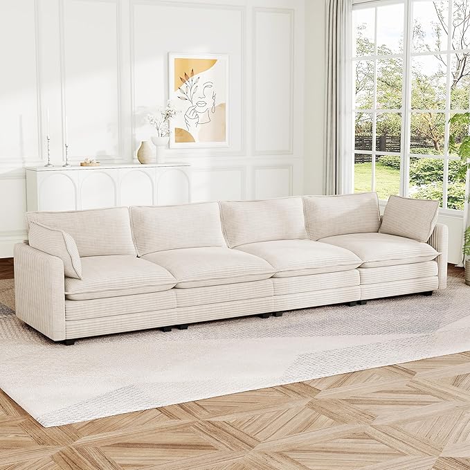 4 Seat Modular Sofa 148'' Oversized Modern Corduroy Sectional Couch with 4 Pillows Upholstered Cloud Deep Seat Sofa for Living RoomBeige