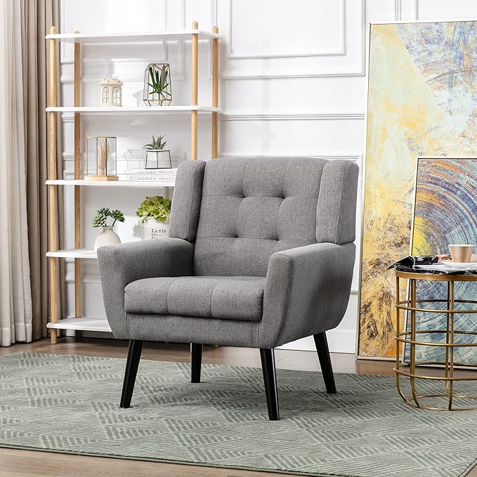 Modern Soft Linen Material Ergonomics Accent Chair Living Room Chair Bedroom Chair Home Chair with Black Legs for Indoor Home OZ855