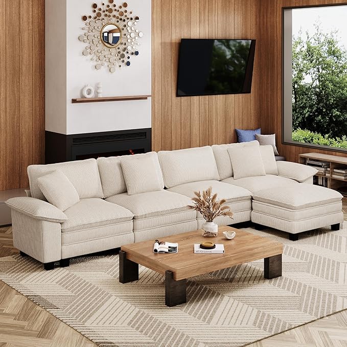 157-Inch L Shaped Sectional Sofa with Cloud Cushions Deep Seat Modular Couch Set w/ 5 Seats &amp 1 Ottomans Removable Arms Plush Corduroy Upholstery for Living Room Apartment - Beige