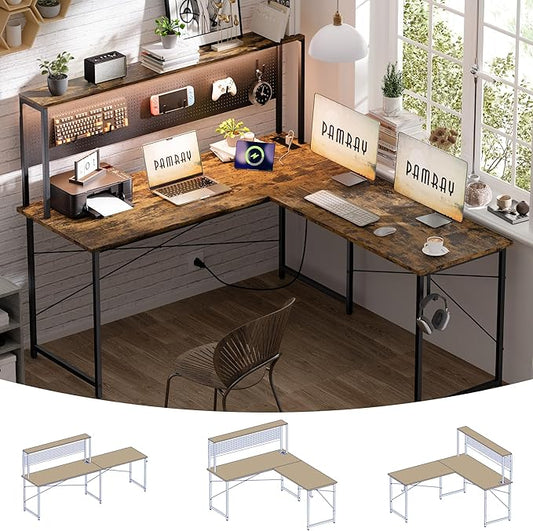 Pamray 60 Inch L Shaped Gaming Desk with LED Lights and Power Outlets Reversible Corner Computer Desk with Pegboard Storage Shelves Home Office Table for Work Study Vintage