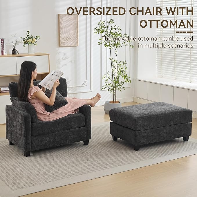 57.5 Oversized Chaise Lounge with Ottoman Indoor Grey Reading Chair with Ottoman &amp Sofa Bed Chenille Upholstered Comfy Sleeper Chair for Living Room Bedroom Office