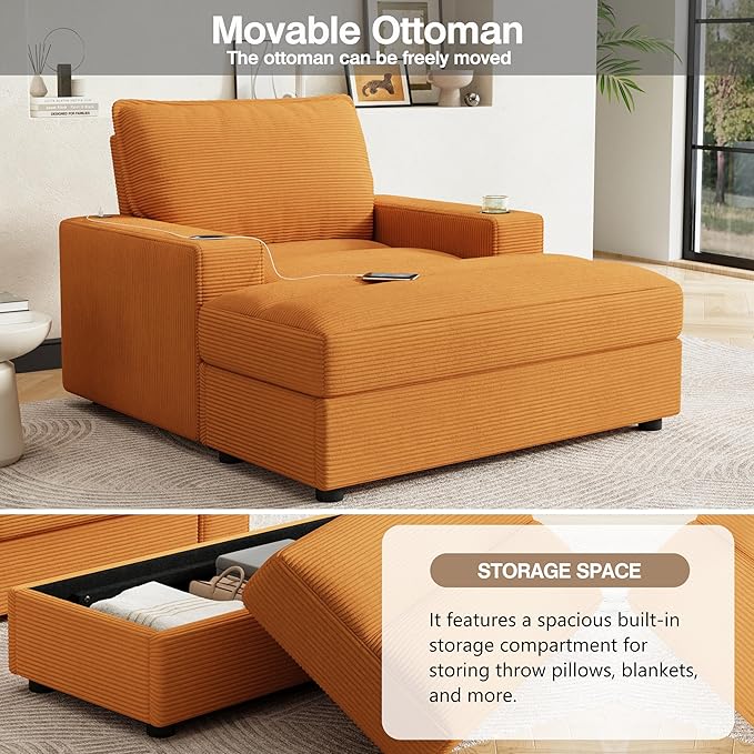 42.8 Oversized Chaise Lounge Chair with Storage Ottoman Corduroy Sofa Bed with Cup Holders &amp USB Charging Port Upholstered Sleeper Chair for Living Room BedroomYellow