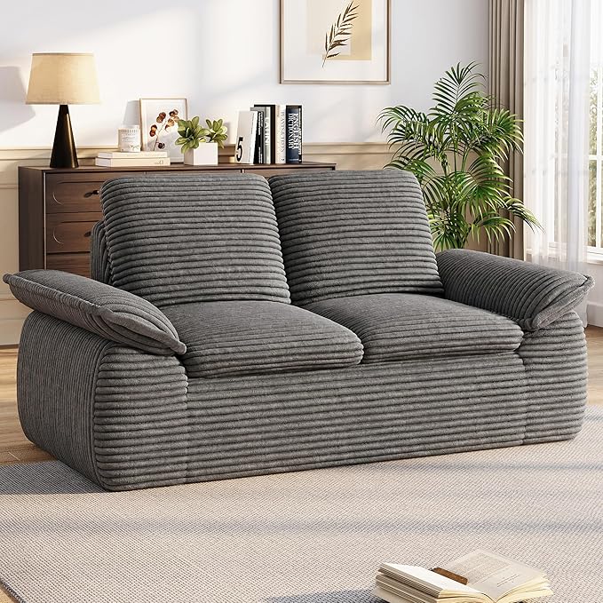71 Cloud Boneless Couch Loveseat Sofa with Deep Seat Memory Foam Small 2 Seater Corduroy Couch in A Box No Assembly Compressed Sofa for Living Room Bedroom Apartment Dark Grey