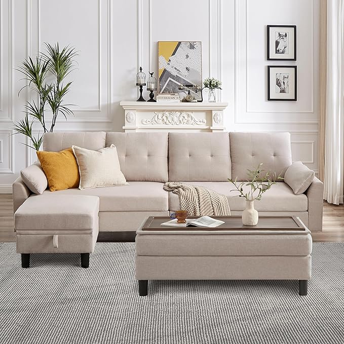 Convertible Sectional Sofa Modern L Shaped CouchLinen Fabric 4-Seat Sofa Set with Storage Ottoman and Coffee Table for Living RoomBeige