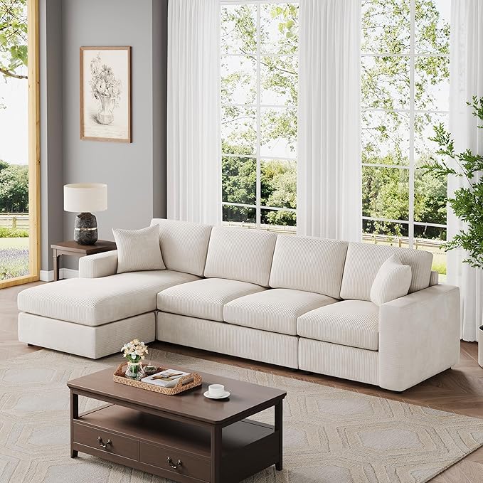 VANOMi 119 L-Shaped Sectional Sofa with Reversible Chaise Modern Corduroy Couch with Deep Seats 4-Seater Upholstered Sofa for Living Room or Apartment Beige