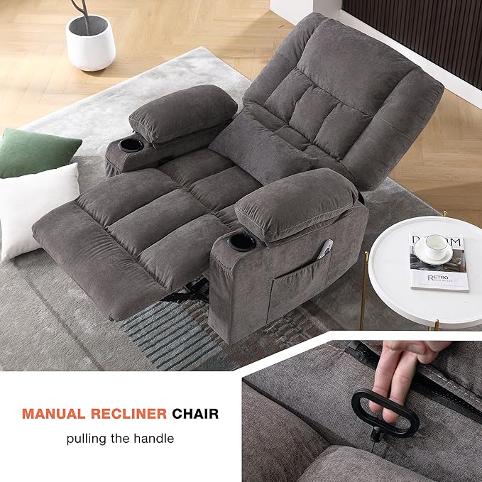Massage Swivel Recliner Chair with Vibration Massage and Lumbar Heating for AdultsOversized Rocker Recliner Single Sofa with Side PocketTwo Cup Holders and USB Charge Port for Living Room