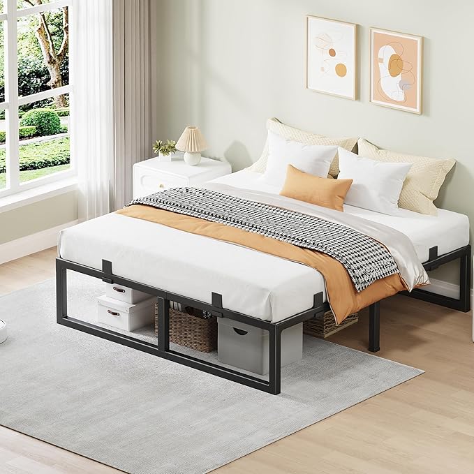 Queen Bed Frame 14 Inch Metal Platform Bed Frames with Squeak Free U-Slot Design 6 Non-Slip Guards 3500lbs Heavy Duty Steel Slat Support No Box Spring Needed Under Bed Storage Black