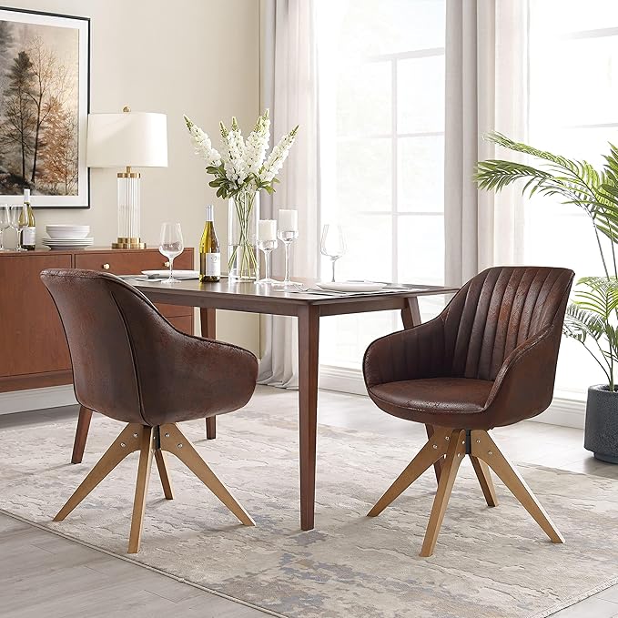 Art Leon Dining Chair Mid Century Modern Suede Upholstered Swivel Dining Room Chair with Wood Legs Leisure Side Chair with Arms for Living Room Mocha