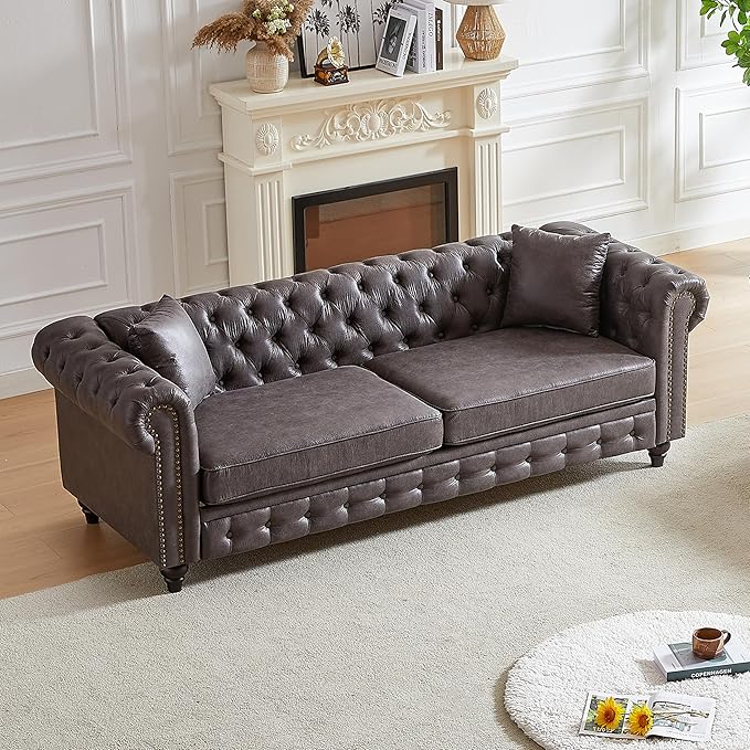 KEIKI Chesterfield Sofa Retro Tech Fabric 3 Seater Upholstered Couch with Rolled Arm for Living Room Bedroom Office Grey