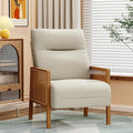 Mid Century Accent Chair Wooden Leisure Armchair with Rattan Armrest Boho Comfy Reading Chair for Living Room Bedroom Lounge Side Club ChairBeige