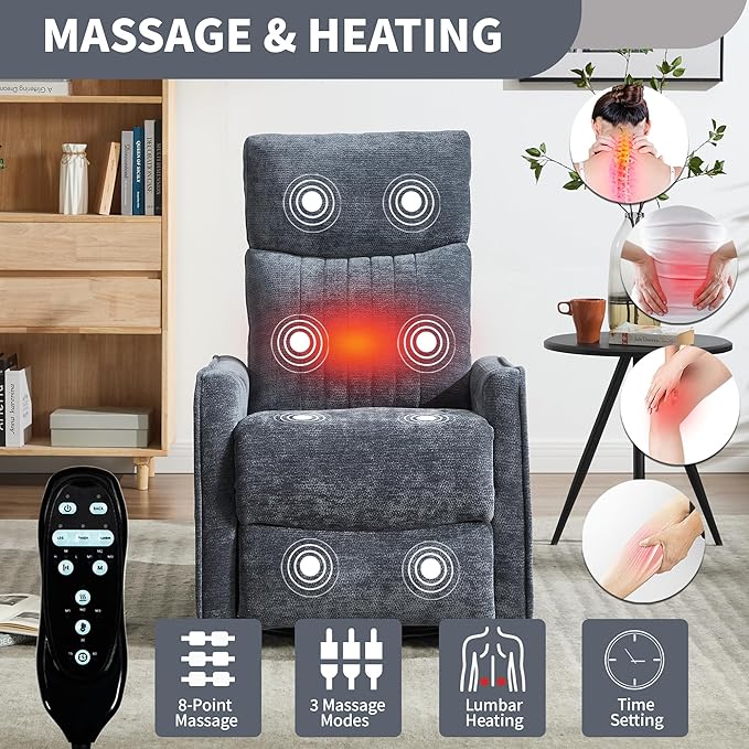 High Back Massage Recliner with Heat - Swivel Rocking Chair for Small Spaces Manual Lazy Boy Recliner for Adults Perfect for Living Room &amp Bedroom Soft Fabric (Blue)