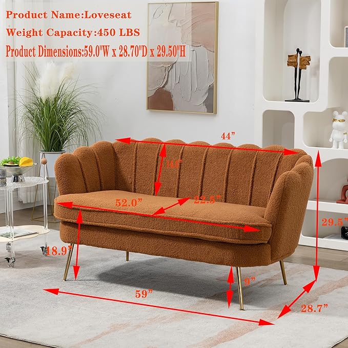 59 Modern Boucle Loveseat Couch Small Sofa with Gold Metal Legs2-Seater Upholstered Mini Sofa Couches for Small SpaceLiving Room Bedroom Office Dorm Studio Apartment (Caramel)