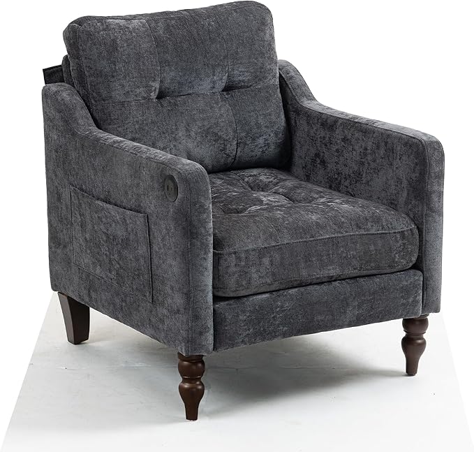 Ball &amp Cast Mid-Century Accent Chair for Living RoomReading Chair for Bedroom with USB Ports&ampSide PocketModern Accent Arm Chair W/Wide Backrest&ampRetro Wood LegsChenille Upholstered Comfy