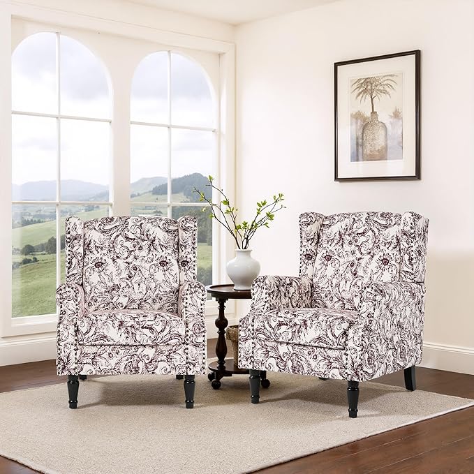 Wingback Chairs Set fo 2 High Back Floral Accent Chair in Fabric Comfy Upholstered Armchair with Nailhead Trim for Living Room Single Sofa Reading Chair for Small Spaces Bedroom-Plum