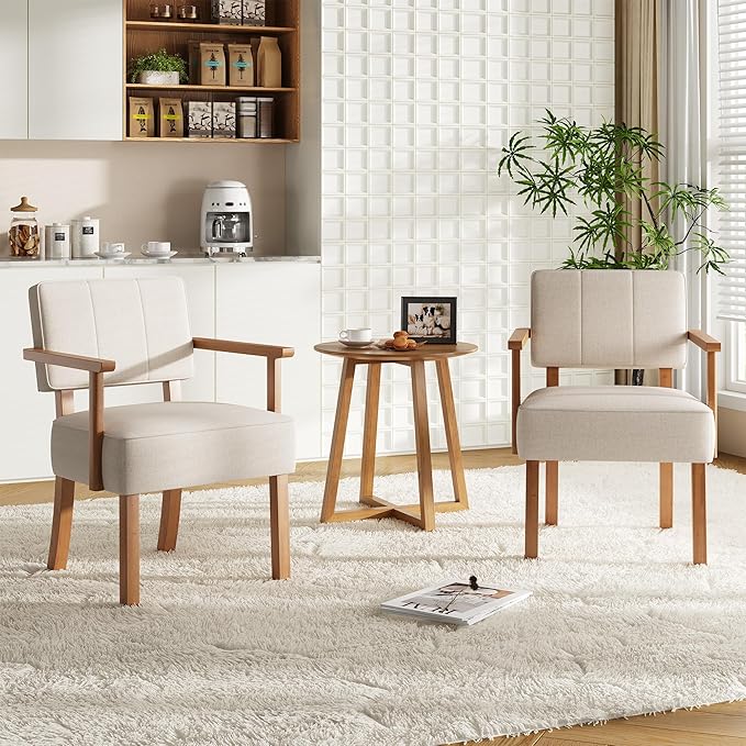 Garvee Mid-Century Accent Chair with Wood Frame. Linen Fabric Upholstered Lounge Armchair with Classic Vertical Stripe. Reading Leisure Chair for Living Room Bedroom Balcony Beige