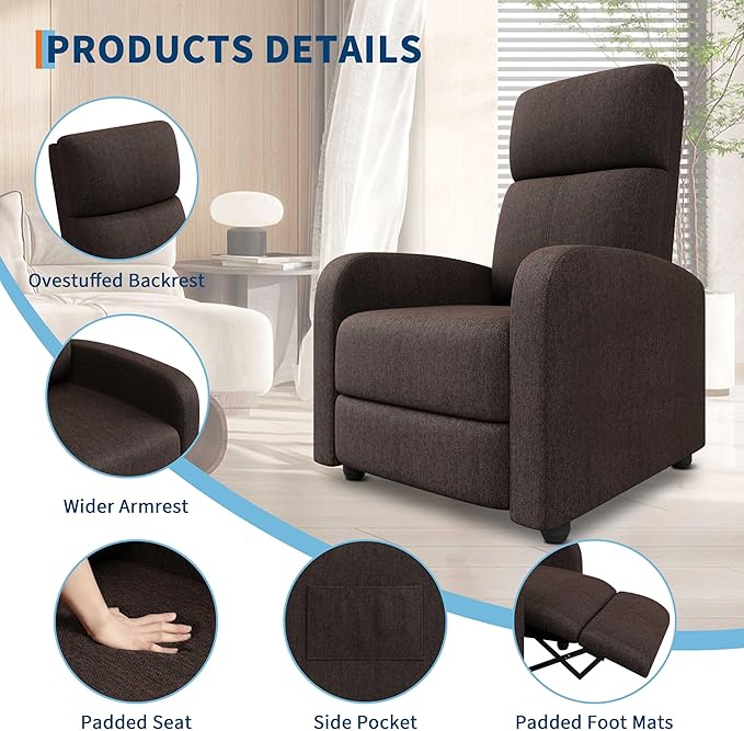 Garvee Recliner Chair for Adults PU Leather Lazy Recliner Ergonomic Adjustable Single Sofa Enhanced with Side Pocket Tall Back Wide Arms &amp Padded Seat Home Theater Seating for Living Room