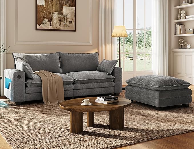 80 Cloud Sofa Loveseat for Living Room 2-Seats Couches with Wide Armrest Storage Charging Station Led Lights Modern Chenille Fabric Sofa for Small Space Grey