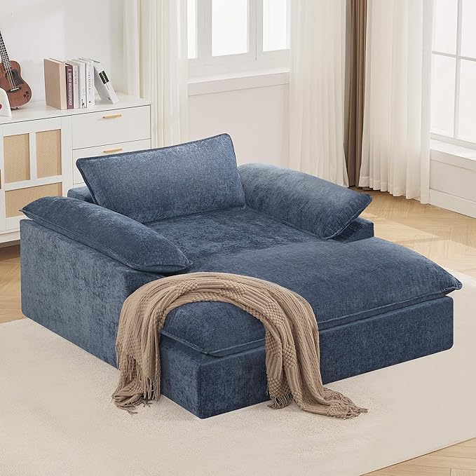 69 Oversized Boneless Chaise Lounge Chair Indoor No Assembly Blue Lounge Couch Chenille Upholstered Sofa Bed with Pocket Springs Reading Chair with Ottoman for Living Room Bedroom Office