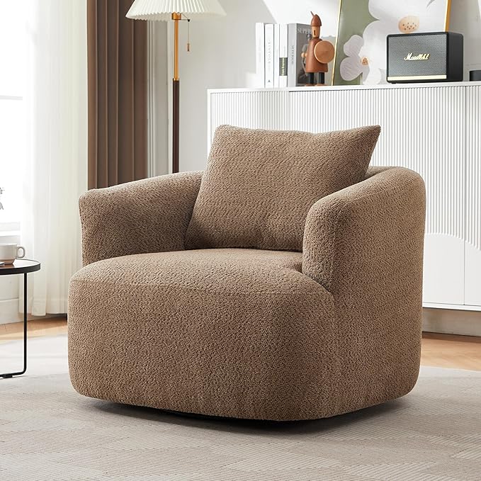 360° Swivel Chair 38.2 Accent Chair Sofa Boucle Fabric Upholstered Swivel Barrel Sofa Chair with a Throw Pillow for Living Room Bedroom Office Hotel (Dark Brown-4.29)