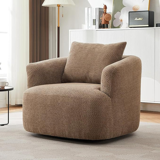 Polibi 360° Chenille Upholstered Swivel Barrel Chair 38.2 W Accent Chair Sofa Chair with a Throw Pillow for Living Room Bedroom Office and Hotel (Dark Brown)