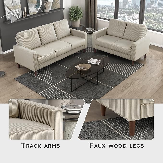 Lexicon Modern Sofa Corduroy Fabric Upholstered Living Room Sofa Couch with Brown Legs Track Arms Comfy Couch for Living Room/Bedroom/Apartment 3-Seater Taupe