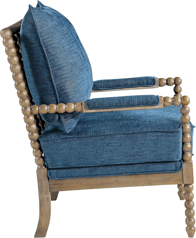 OSP Home Furnishings Fletcher Spindle Accent Chair with Rustic Brown Finish Navy Blue Upholstery