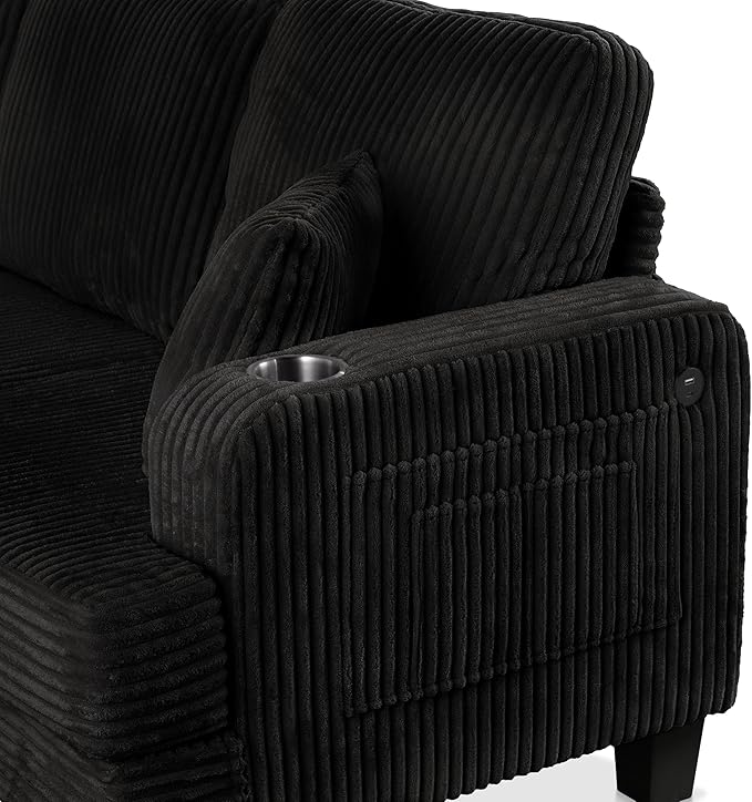 Homes: Inside + Out Reese Modern Plush Chenille Couch with Side Pockets Cup Holders and USB Ports Wooden Comfortable Sofa for Living Room Bedroom and Office Black