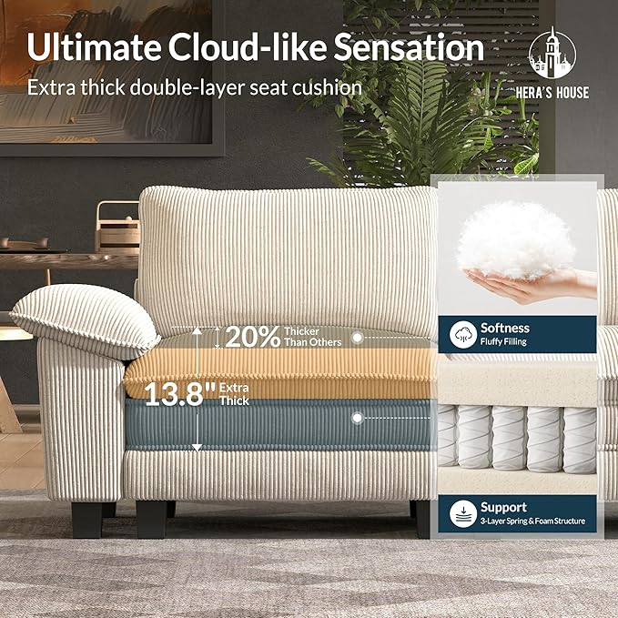 HERA'S HOUSE 124 Modular Sectional Sofa Oversized L Shaped Couches for Living Room Comfy Cloud Couch with Ottoman 4-Seater Deep Seat Sofa with Throw Pillow Corduroy Beige