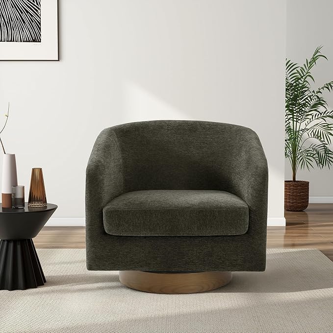 Swivel Barrel Chair Modern Round PU Leather Accent Armchair for Living Room Bedroom Oversized Comfy Club Reading Chairs for Adults (Chenille Tan Set of 2)