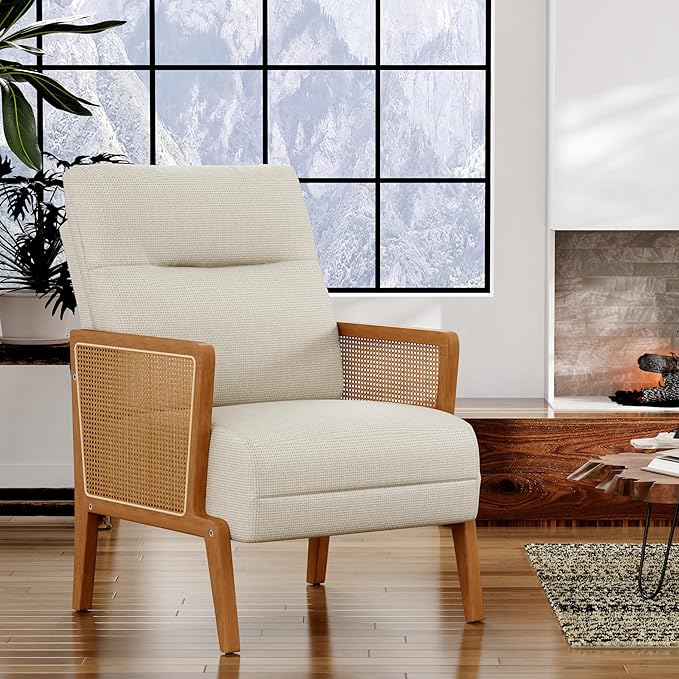 Yongchuang Accent Chair with Natural Rattan Armrest Upholstered Living Room Chairs Modern Linen Leisure Chair Armchair for Club Reading Bedroom Ivory