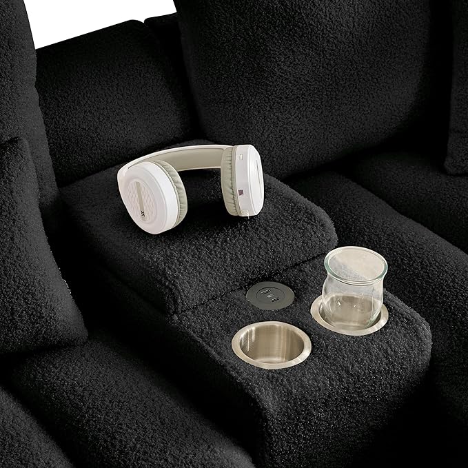 91.7 Modular Cloud Couch L-Shaped Teddy Fabric Sectional with Power &amp USB Ports Deep Seat 3-Seater Cloud Sofa with Storage Console &amp Cup Holders for Living Room Bedroom Apartment Black
