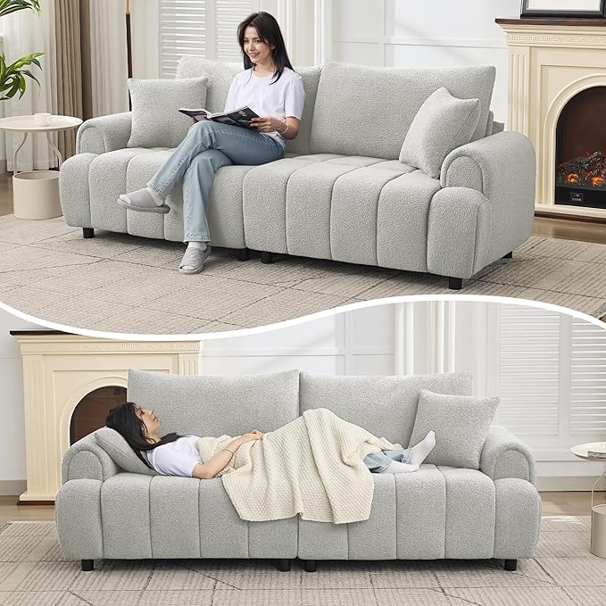 88 Modern Boucle Sofa Couch Oversized Comfy 3 Seater Sherpa Curved Sofas Deep Seat Upholstered Loveseat Teddy Round Arm Couches for Living Room Bedroom Light Grey