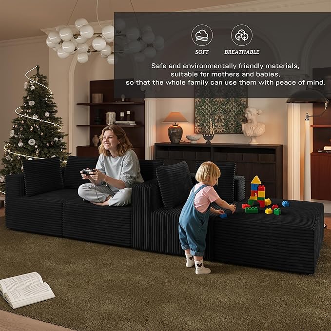106 Sectional Sofa Couch 4-Piece L-Shaped Cloud Couch with Chaise Modular Sofa for Living Room with Sturdy Metal Frame &amp 5 Pillows Boneless Fluffy Corduroy Deep Seat Couch(Black)