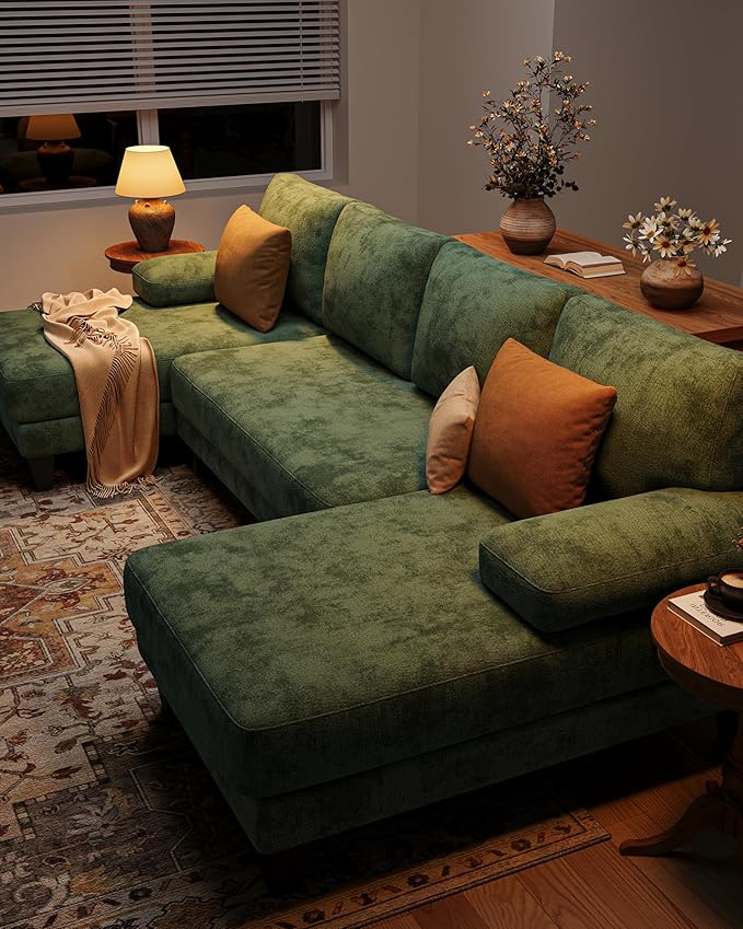 U-Shaped Sectional Couches for Living Room | Cheille Sofa with Double Chaise | 112 Inch Green Sectionals Couch for Apartment