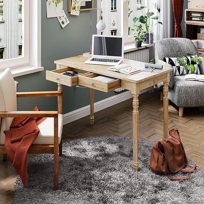 Solid Wood Desk with Drawers - 40 Inch Writing Desk with Drawers Mid Century Modern Desk with 2 Hooks Rubber Wood Study Table for Bedroom Living Room &amp Office Natural Boho Desks